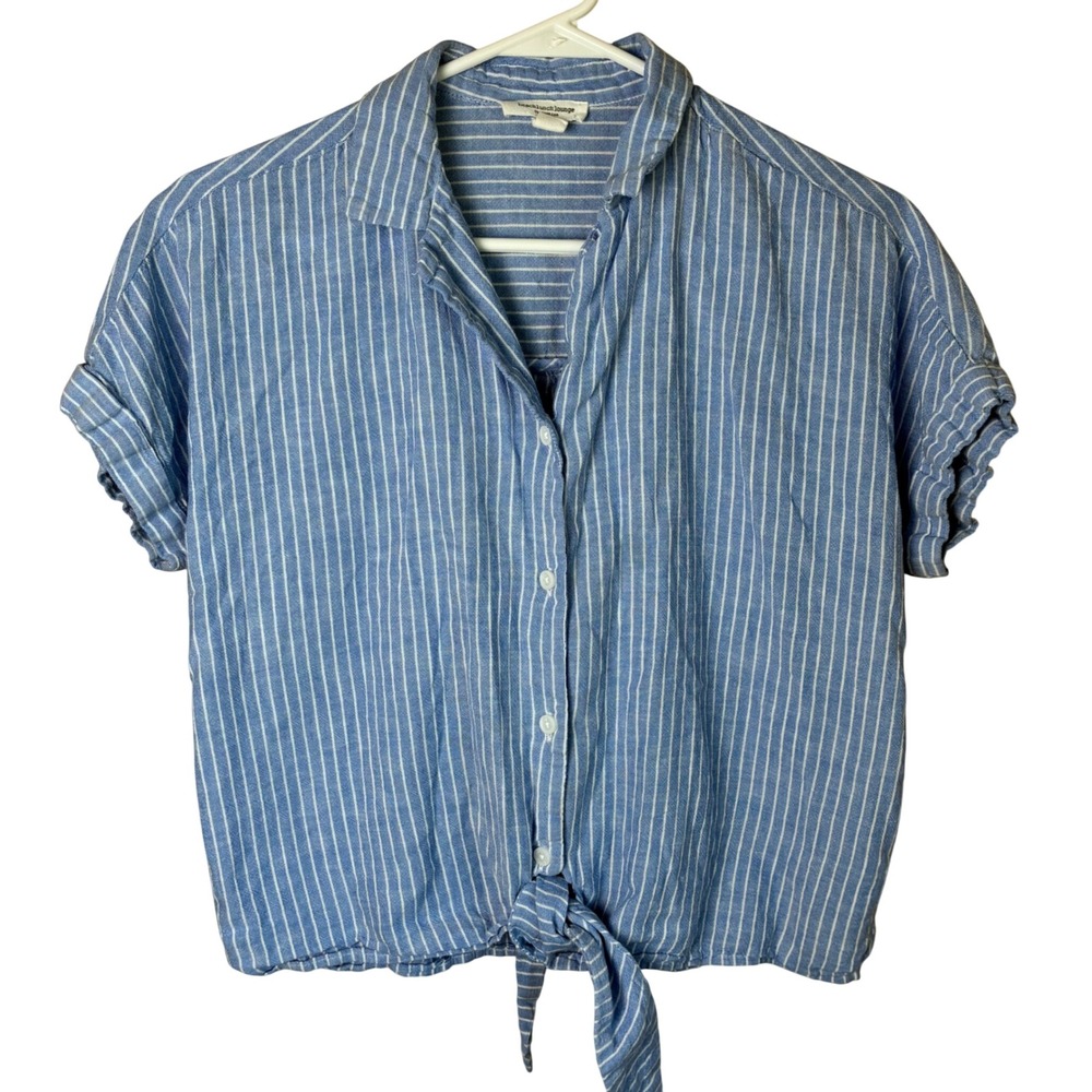 Beachlunchlounge‎ Blue Striped Linen Blend Tie Front Shirt Small LTT5656